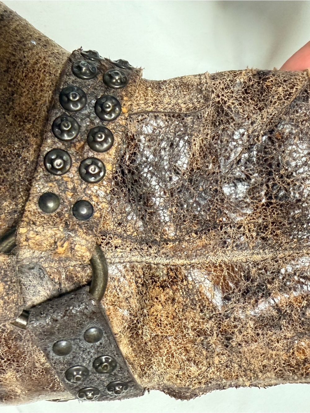 Frye Philip Moto Studded Distressed Brown Leather Ankle Boots - Picture 14 of 16